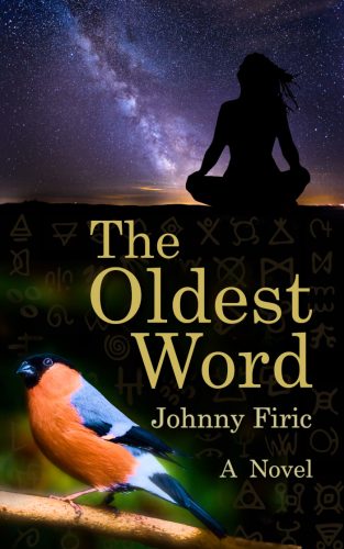 The Oldest Word cover image featuring starry sky, meditating woman, prehistoric symbols and bullfinch