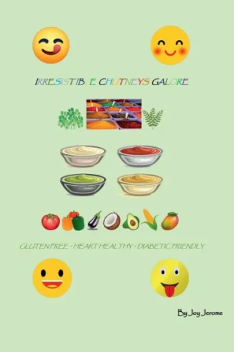 Light green book cover with four happy emojis in the corners and an assortment of four chutney bowls, fruits and vegetables, and spices in the middle