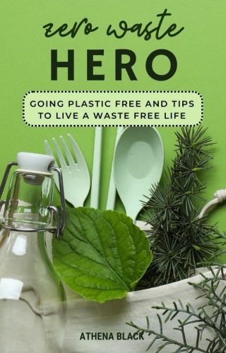 A bright green background with a closeup image of mint green reusable fork and spoon, a glass water carafe, a green leaf, some herbs, and the title, Zero Waste Hero: Going Plastic Free and Tips to Live a Waste Free Life