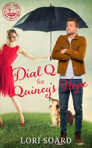 Dial Q for Quincy's Hope Cover with lady with umbrella, brown miniature long-haird dachshund and hero with his arms crossed