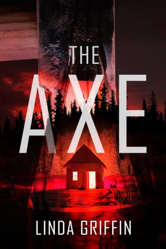 A red and black image of a creepy-looking cabin in the woods with a vague, superimposed image of an axe.